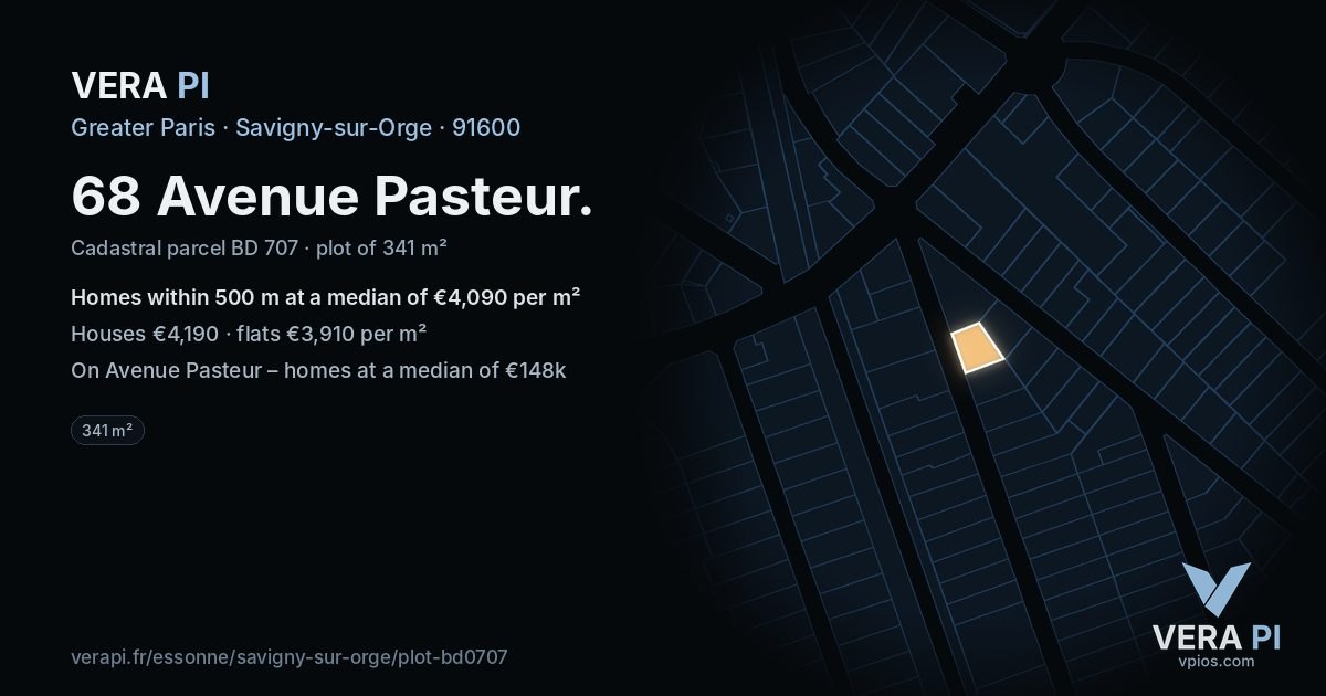 68 Avenue Pasteur, Savigny-sur-Orge at night – the plot lit, the parcels around coloured by the prices near them