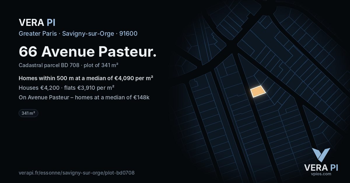 66 Avenue Pasteur, Savigny-sur-Orge at night – the plot lit, the parcels around coloured by the prices near them