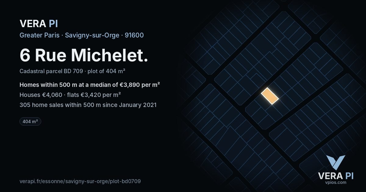 6 Rue Michelet, Savigny-sur-Orge at night – the plot lit, the parcels around coloured by the prices near them
