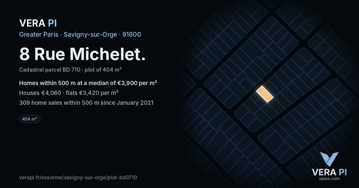 8 Rue Michelet, Savigny-sur-Orge at night – the plot lit, the parcels around coloured by the prices near them