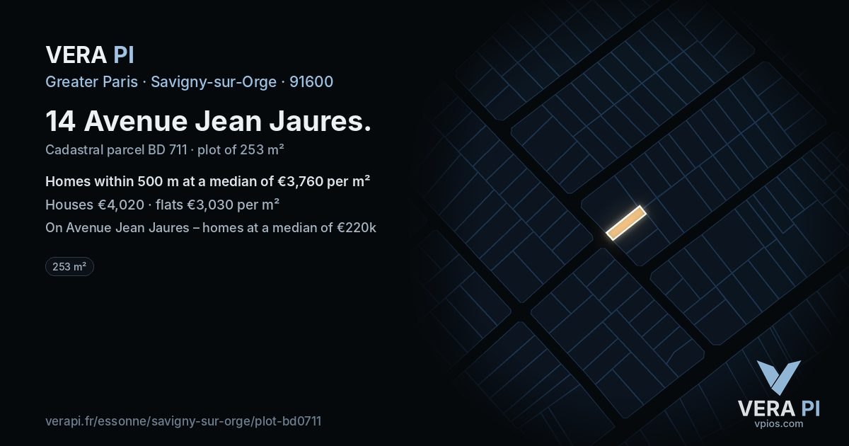 14 Avenue Jean Jaures, Savigny-sur-Orge at night – the plot lit, the parcels around coloured by the prices near them