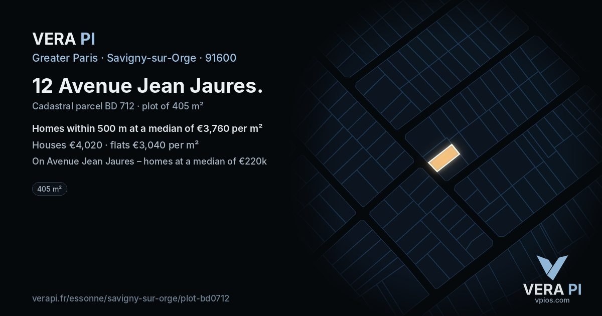 12 Avenue Jean Jaures, Savigny-sur-Orge at night – the plot lit, the parcels around coloured by the prices near them