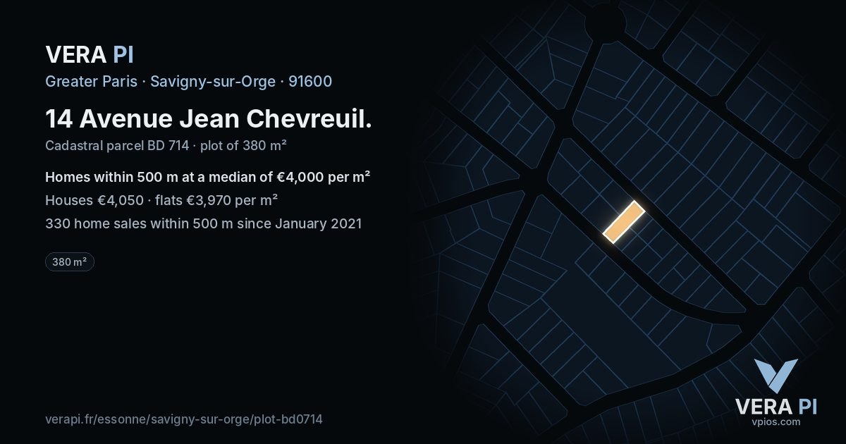 14 Avenue Jean Chevreuil, Savigny-sur-Orge at night – the plot lit, the parcels around coloured by the prices near them