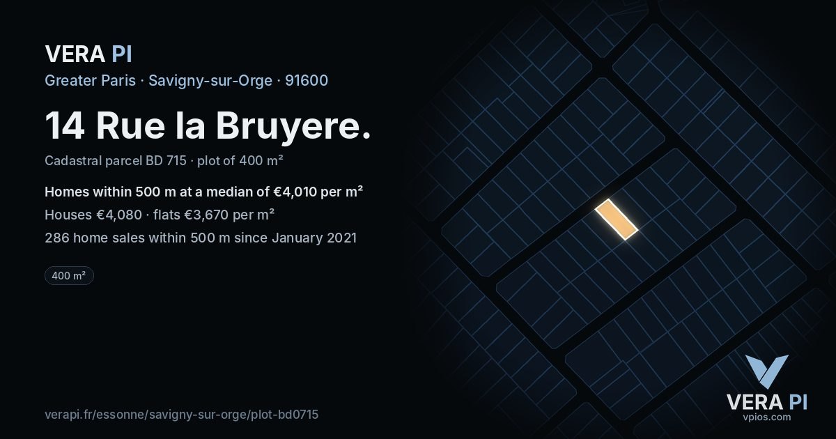 14 Rue la Bruyere, Savigny-sur-Orge at night – the plot lit, the parcels around coloured by the prices near them