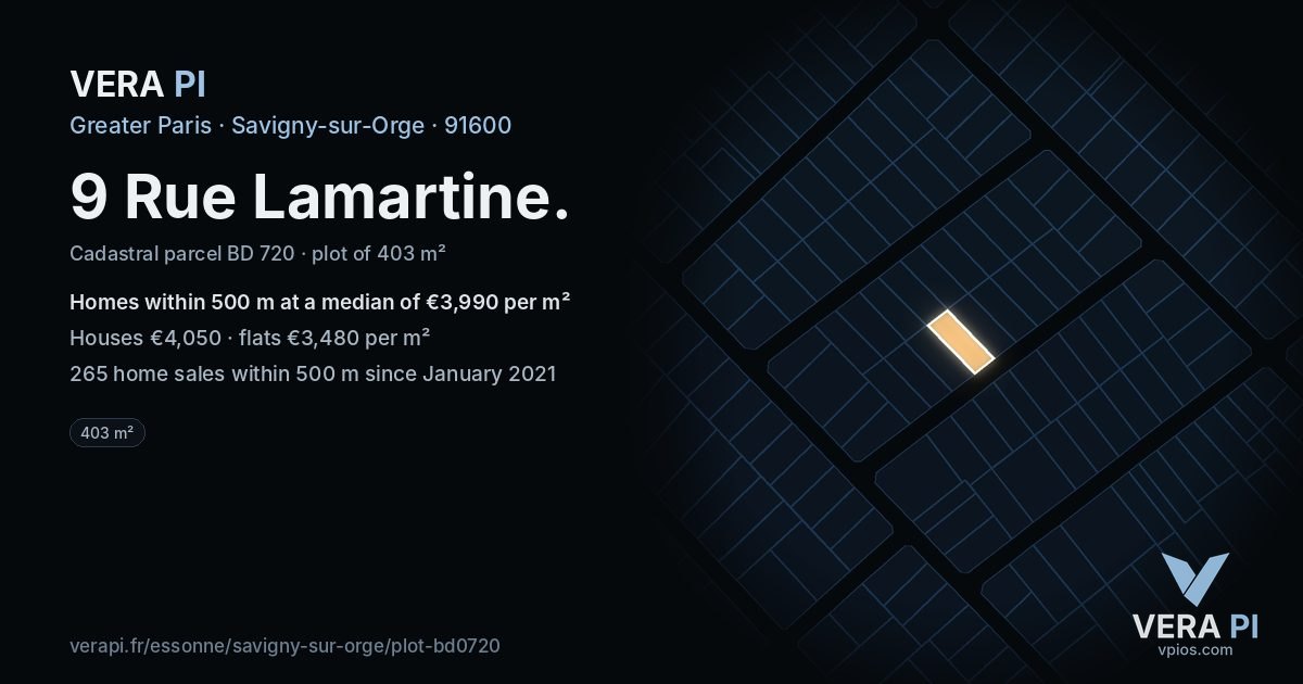 9 Rue Lamartine, Savigny-sur-Orge at night – the plot lit, the parcels around coloured by the prices near them