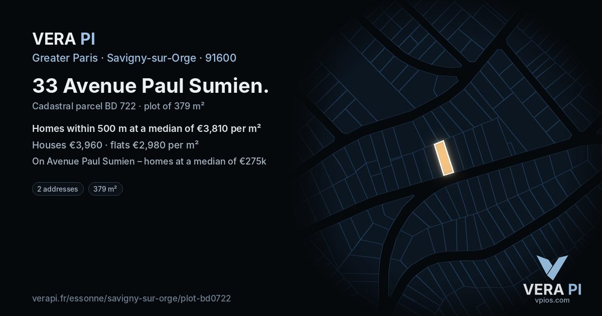 33 Avenue Paul Sumien, Savigny-sur-Orge at night – the plot lit, the parcels around coloured by the prices near them