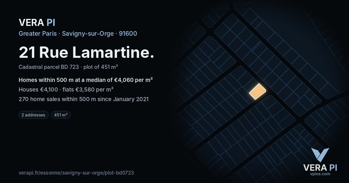 21 Rue Lamartine, Savigny-sur-Orge at night – the plot lit, the parcels around coloured by the prices near them