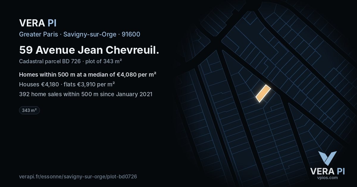 59 Avenue Jean Chevreuil, Savigny-sur-Orge at night – the plot lit, the parcels around coloured by the prices near them