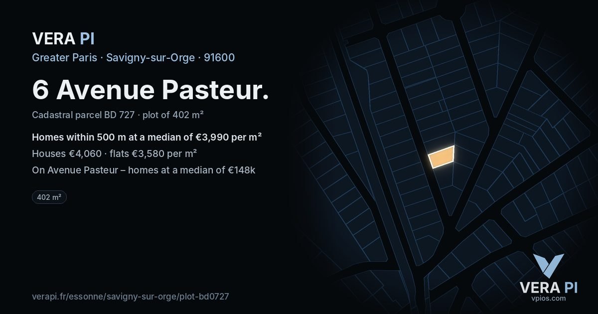 6 Avenue Pasteur, Savigny-sur-Orge at night – the plot lit, the parcels around coloured by the prices near them