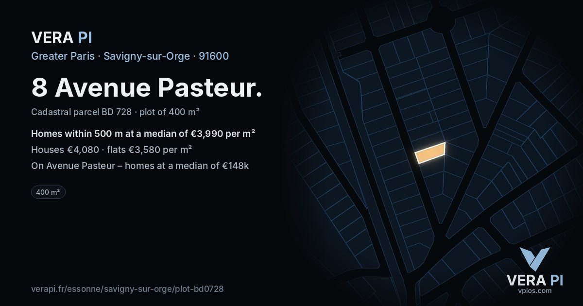 8 Avenue Pasteur, Savigny-sur-Orge at night – the plot lit, the parcels around coloured by the prices near them