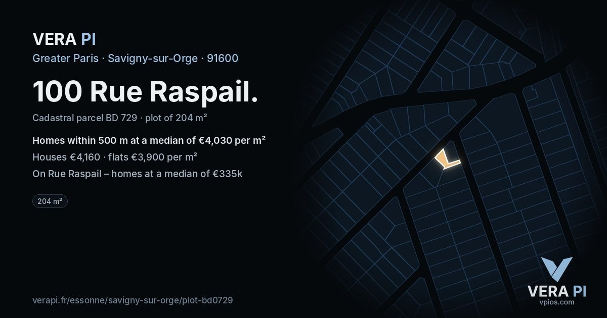 100 Rue Raspail, Savigny-sur-Orge at night – the plot lit, the parcels around coloured by the prices near them