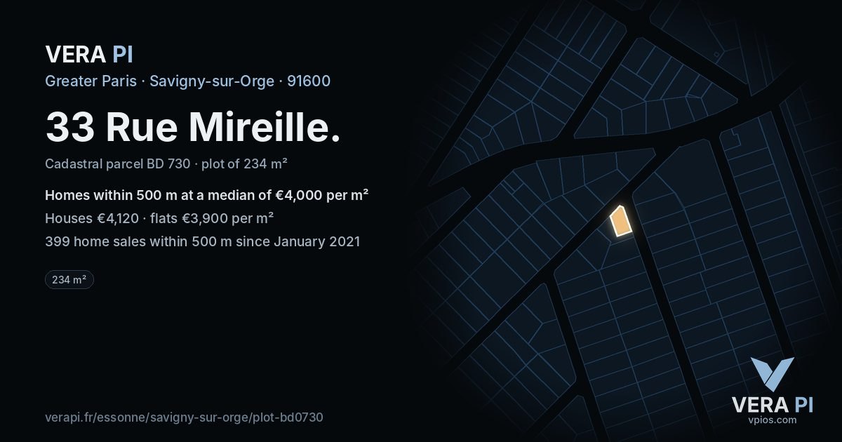 33 Rue Mireille, Savigny-sur-Orge at night – the plot lit, the parcels around coloured by the prices near them