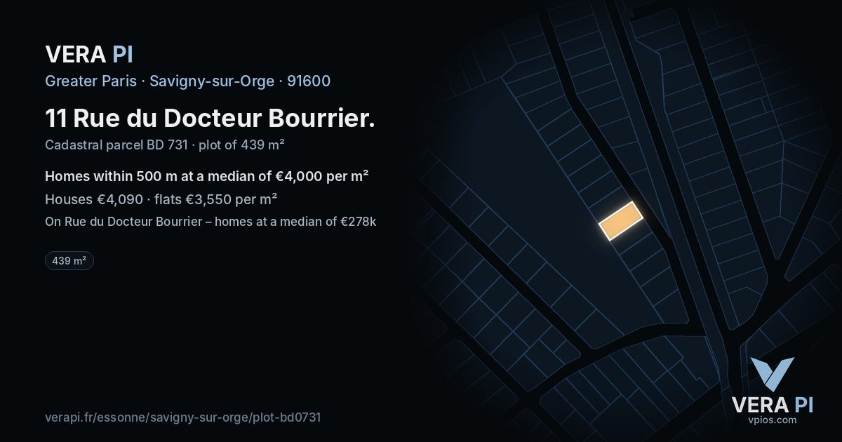 11 Rue du Docteur Bourrier, Savigny-sur-Orge at night – the plot lit, the parcels around coloured by the prices near them