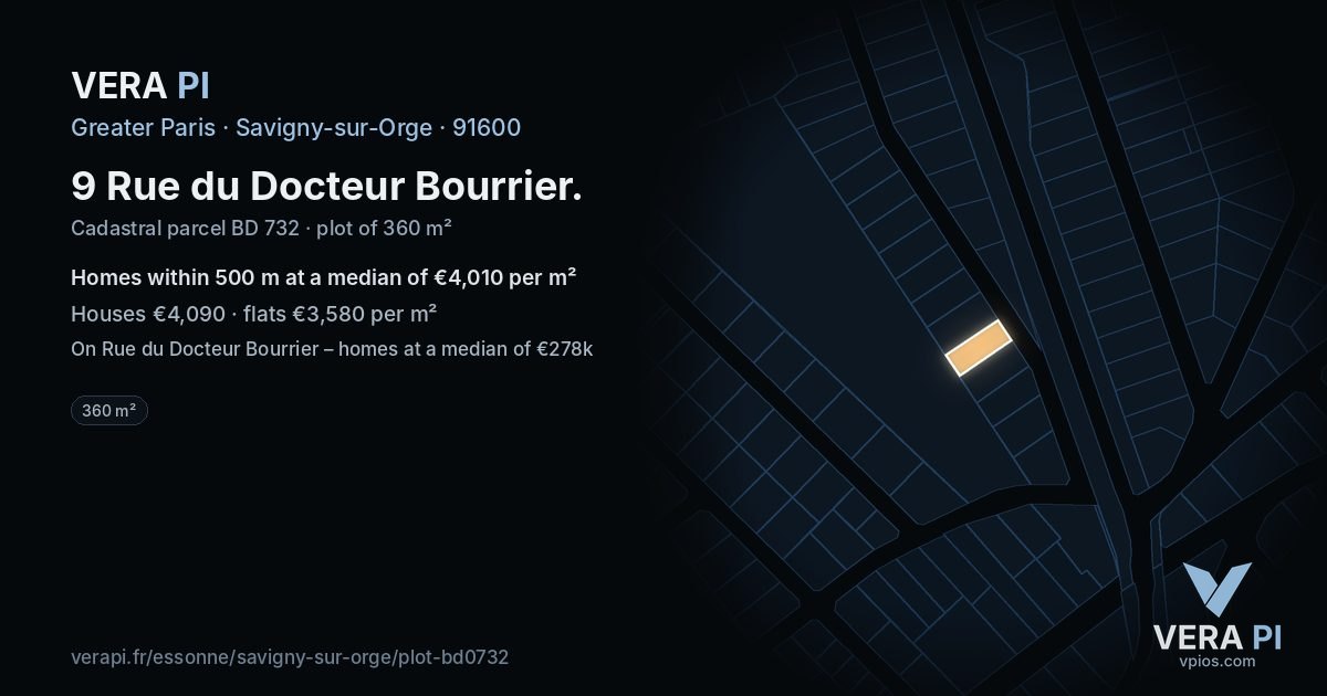 9 Rue du Docteur Bourrier, Savigny-sur-Orge at night – the plot lit, the parcels around coloured by the prices near them