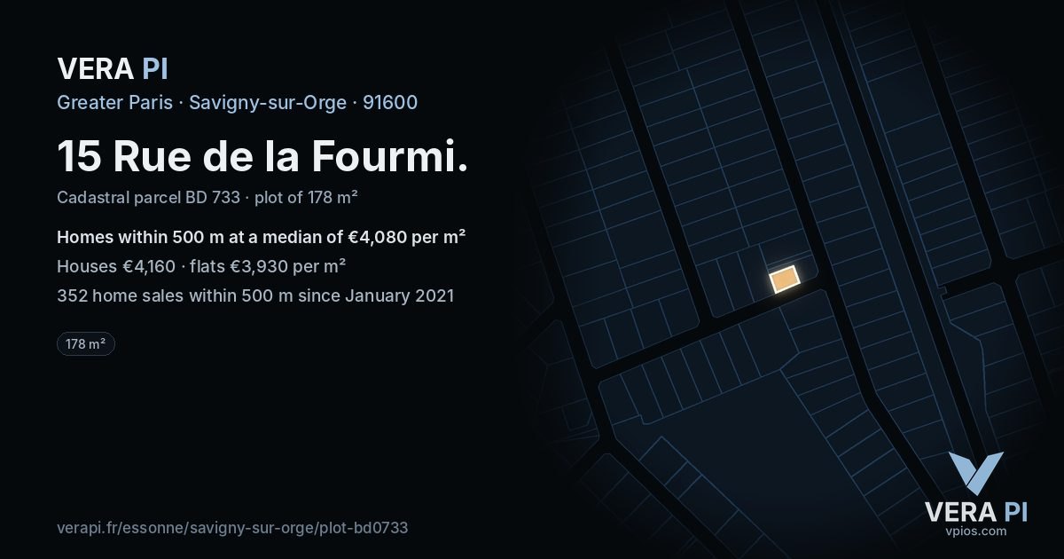 15 Rue de la Fourmi, Savigny-sur-Orge at night – the plot lit, the parcels around coloured by the prices near them