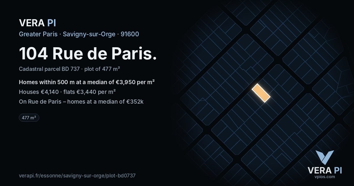 104 Rue de Paris, Savigny-sur-Orge at night – the plot lit, the parcels around coloured by the prices near them