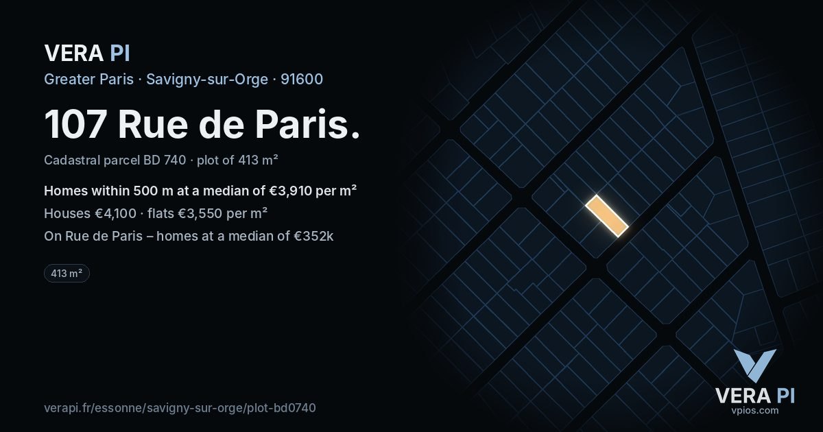 107 Rue de Paris, Savigny-sur-Orge at night – the plot lit, the parcels around coloured by the prices near them