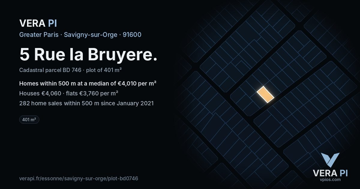 5 Rue la Bruyere, Savigny-sur-Orge at night – the plot lit, the parcels around coloured by the prices near them