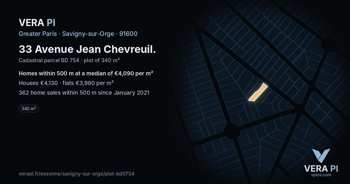 33 Avenue Jean Chevreuil, Savigny-sur-Orge at night – the plot lit, the parcels around coloured by the prices near them