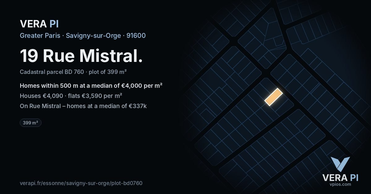 19 Rue Mistral, Savigny-sur-Orge at night – the plot lit, the parcels around coloured by the prices near them