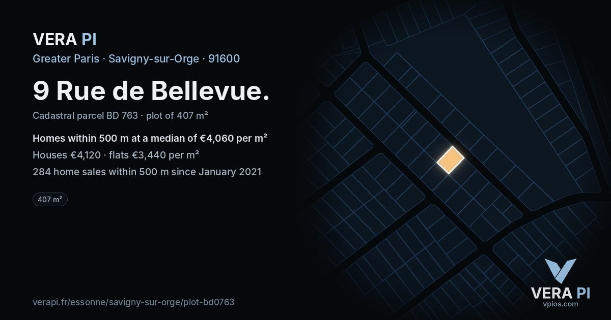 9 Rue de Bellevue, Savigny-sur-Orge at night – the plot lit, the parcels around coloured by the prices near them