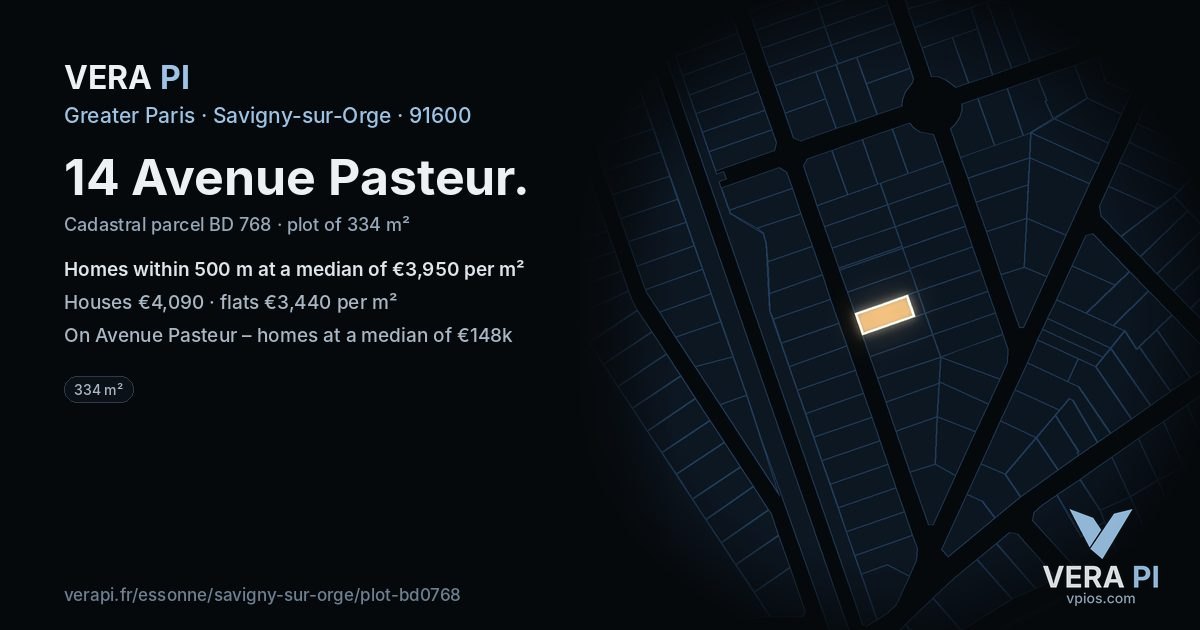 14 Avenue Pasteur, Savigny-sur-Orge at night – the plot lit, the parcels around coloured by the prices near them