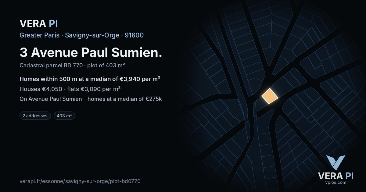 3 Avenue Paul Sumien, Savigny-sur-Orge at night – the plot lit, the parcels around coloured by the prices near them
