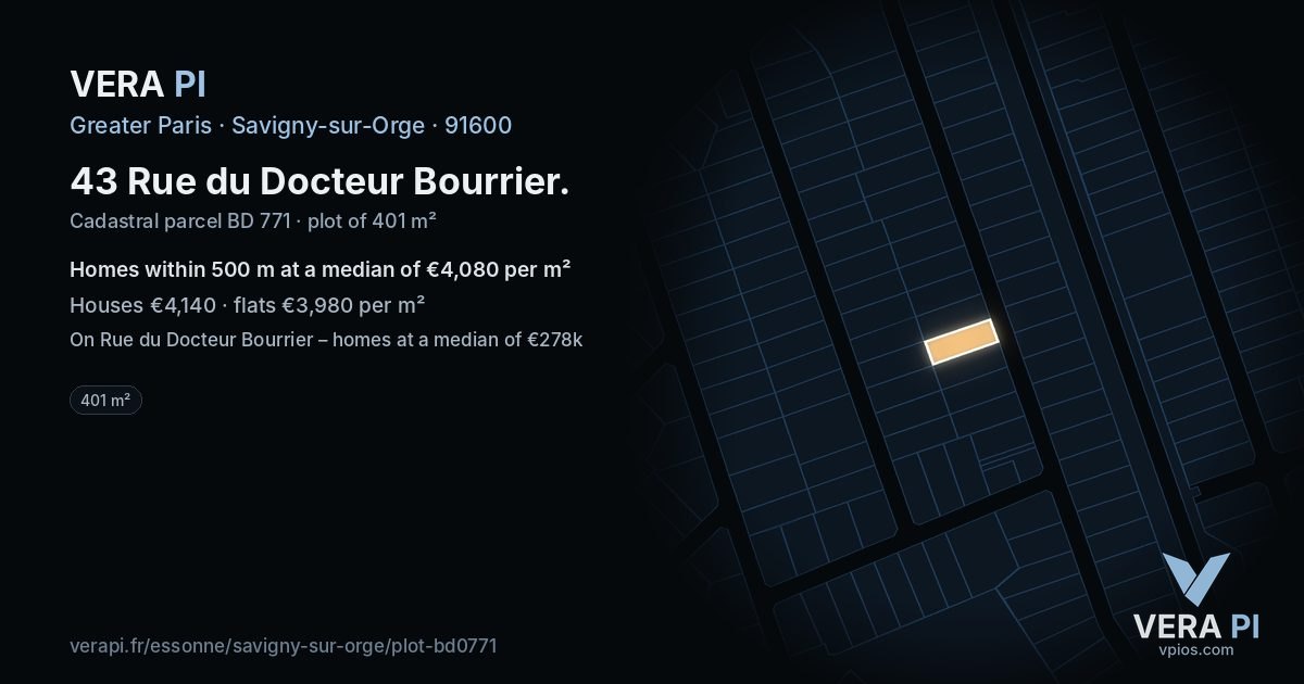 43 Rue du Docteur Bourrier, Savigny-sur-Orge at night – the plot lit, the parcels around coloured by the prices near them