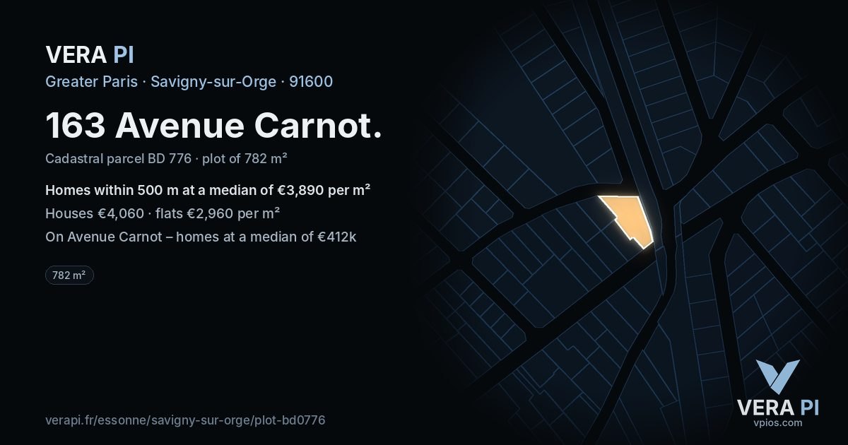 163 Avenue Carnot, Savigny-sur-Orge at night – the plot lit, the parcels around coloured by the prices near them