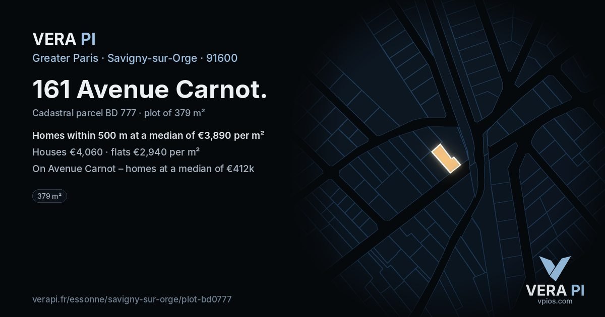 161 Avenue Carnot, Savigny-sur-Orge at night – the plot lit, the parcels around coloured by the prices near them