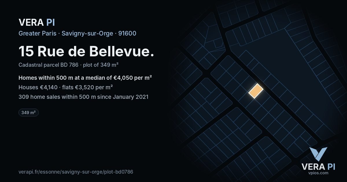 15 Rue de Bellevue, Savigny-sur-Orge at night – the plot lit, the parcels around coloured by the prices near them