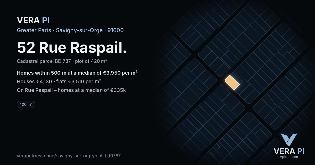52 Rue Raspail, Savigny-sur-Orge at night – the plot lit, the parcels around coloured by the prices near them