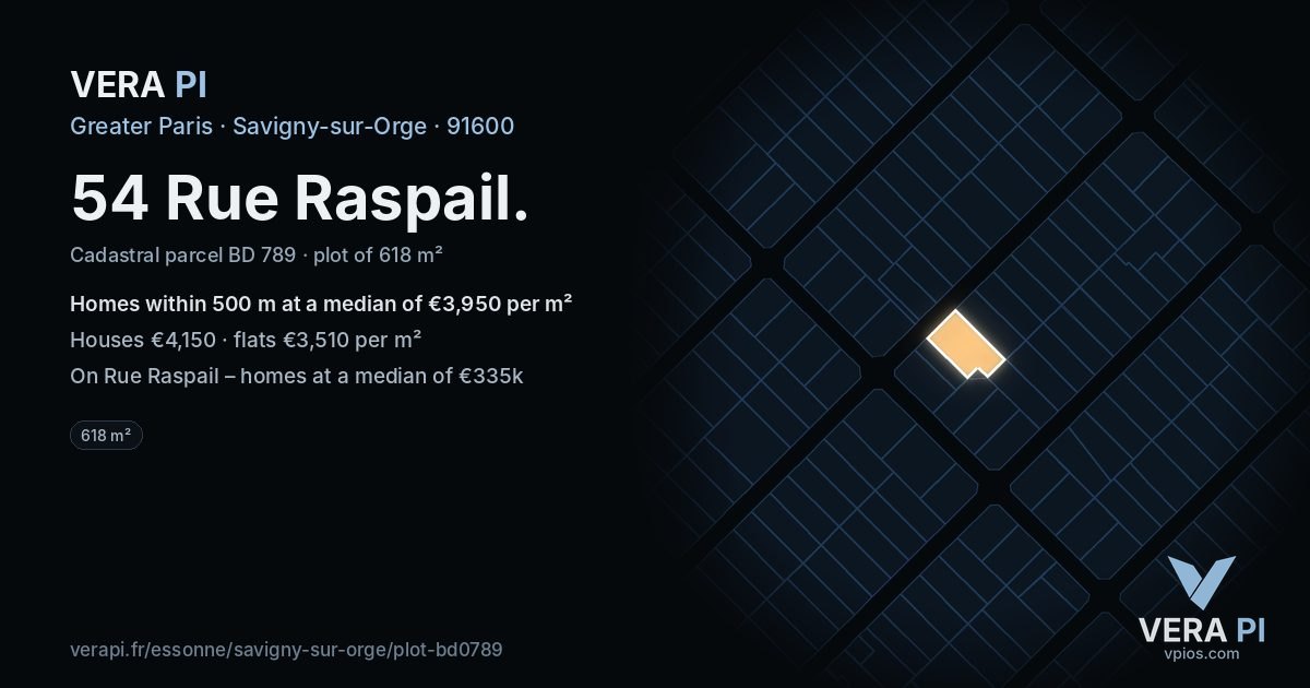 54 Rue Raspail, Savigny-sur-Orge at night – the plot lit, the parcels around coloured by the prices near them