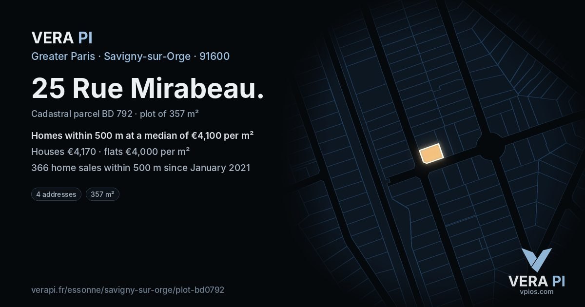 25 Rue Mirabeau, Savigny-sur-Orge at night – the plot lit, the parcels around coloured by the prices near them