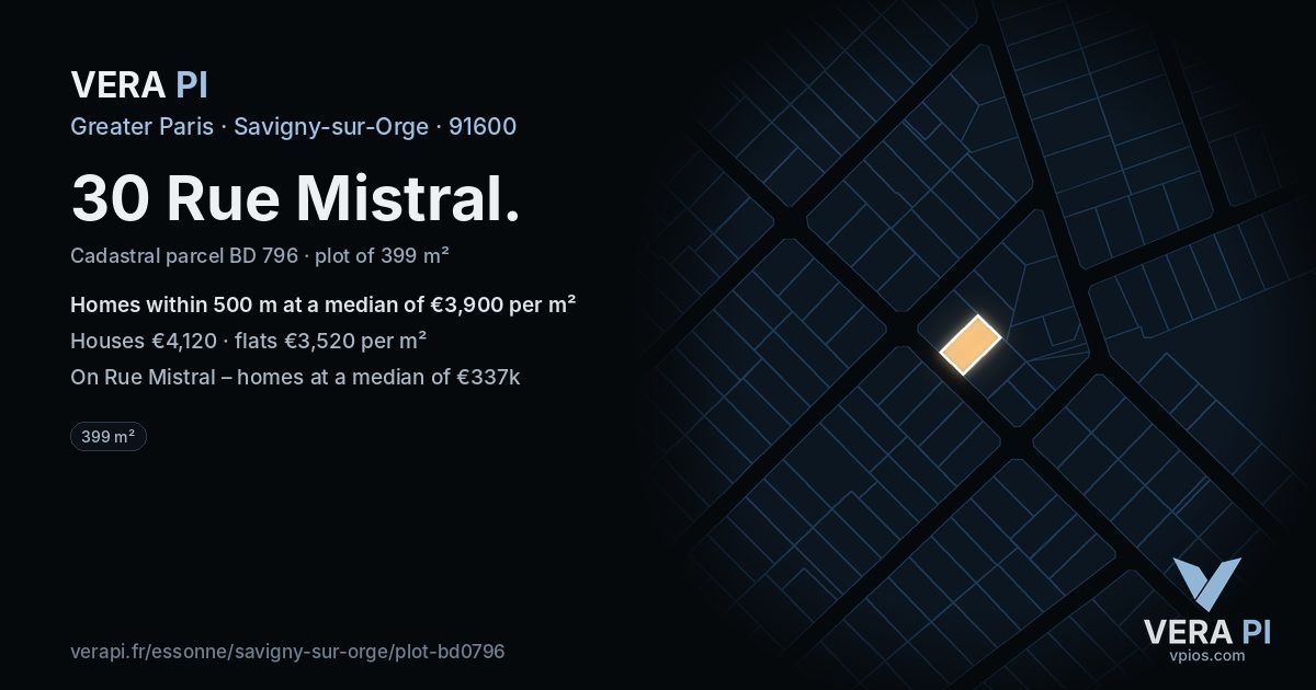30 Rue Mistral, Savigny-sur-Orge at night – the plot lit, the parcels around coloured by the prices near them