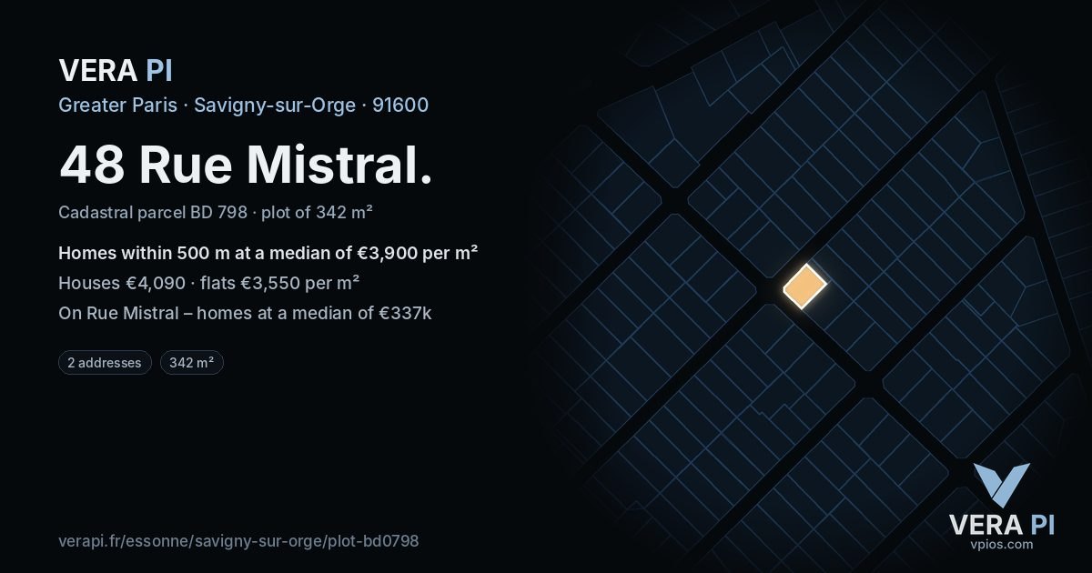 48 Rue Mistral, Savigny-sur-Orge at night – the plot lit, the parcels around coloured by the prices near them