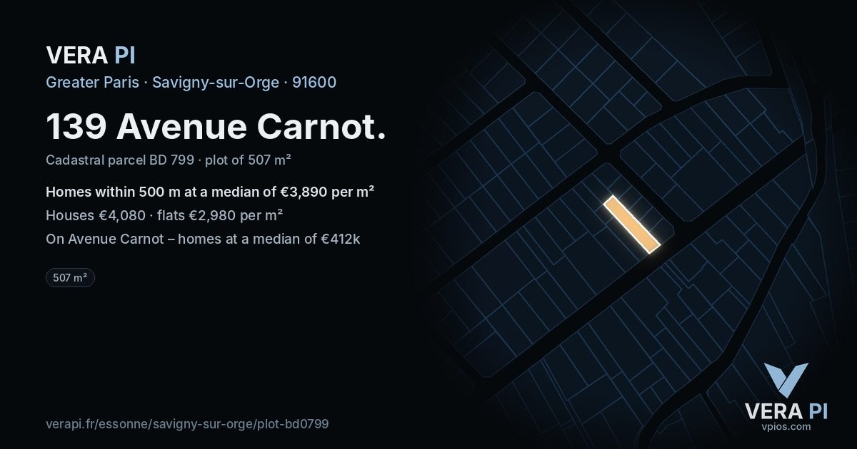 139 Avenue Carnot, Savigny-sur-Orge at night – the plot lit, the parcels around coloured by the prices near them