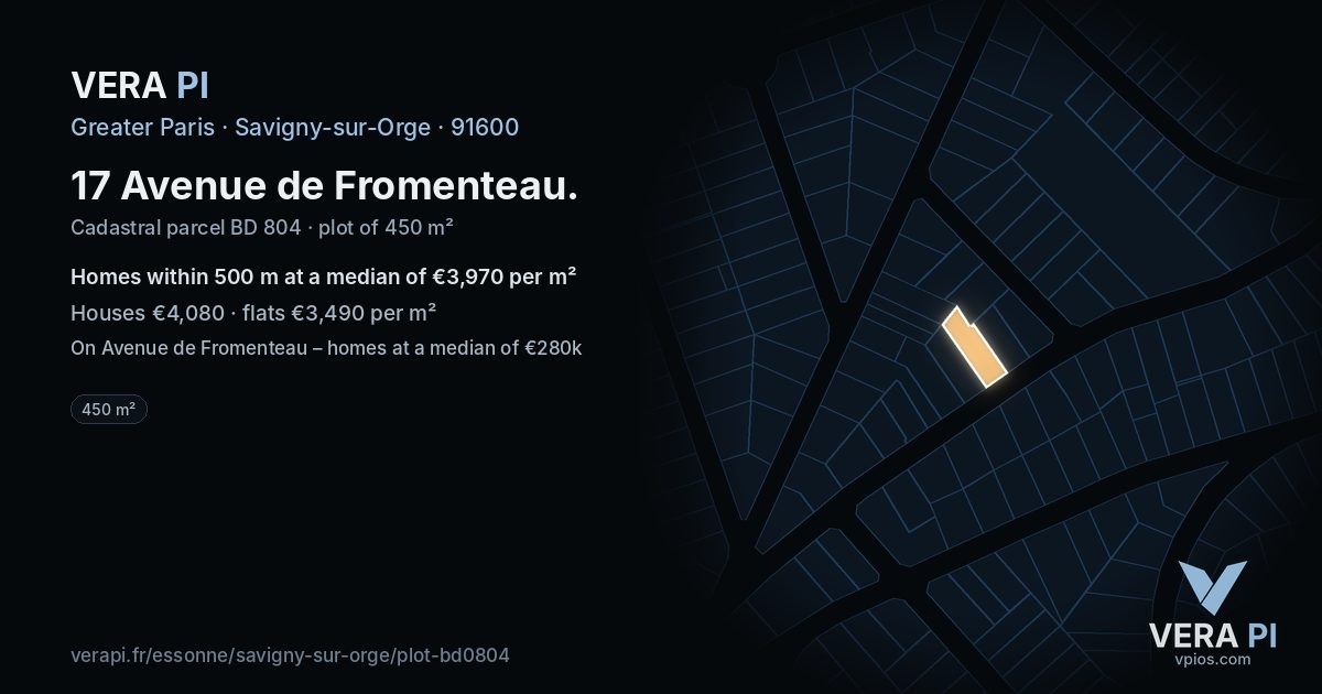 17 Avenue de Fromenteau, Savigny-sur-Orge at night – the plot lit, the parcels around coloured by the prices near them