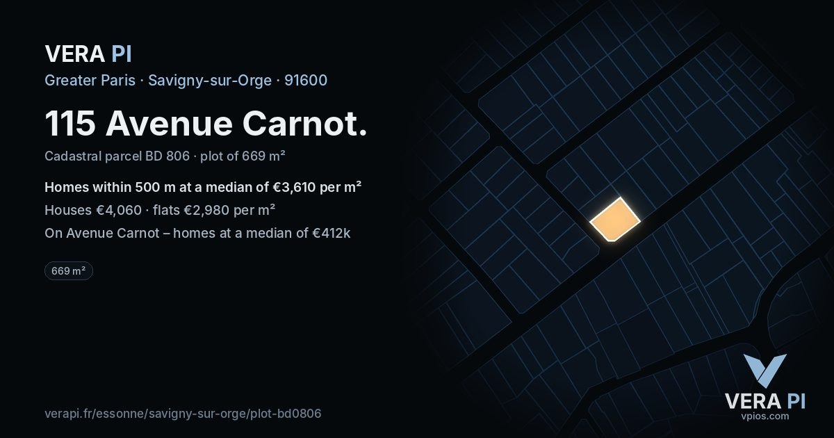 115 Avenue Carnot, Savigny-sur-Orge at night – the plot lit, the parcels around coloured by the prices near them