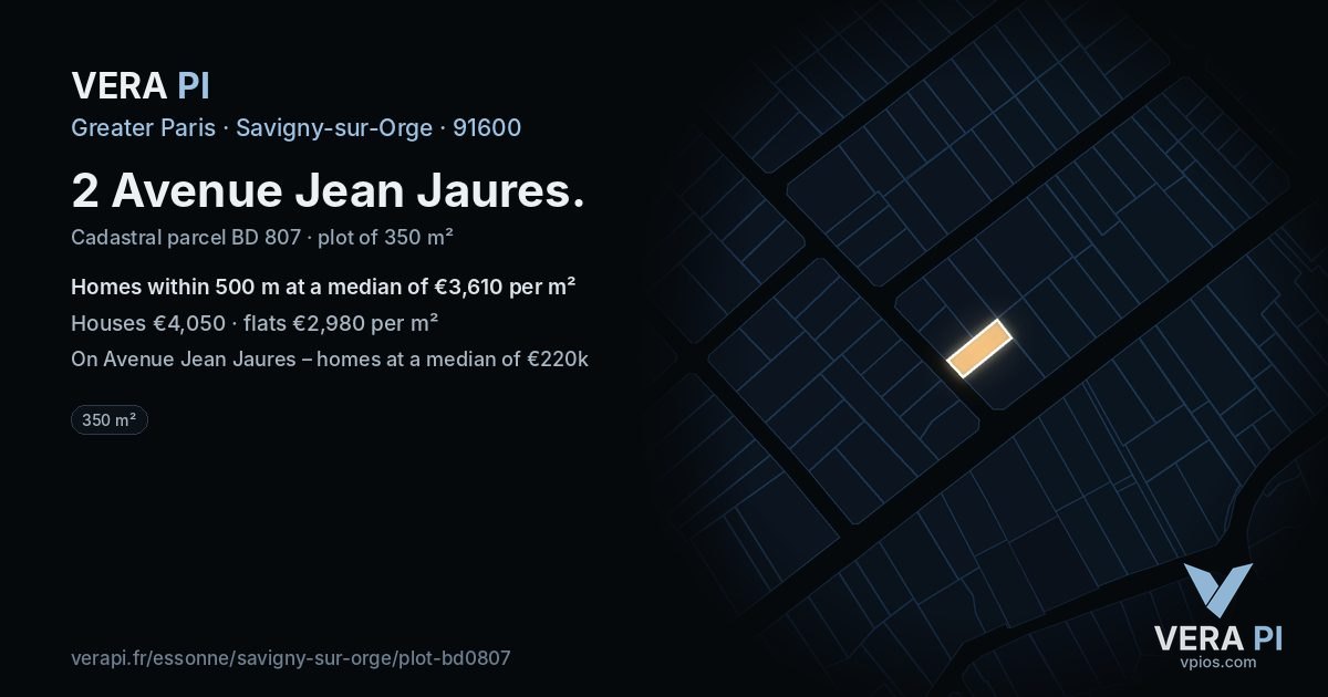 2 Avenue Jean Jaures, Savigny-sur-Orge at night – the plot lit, the parcels around coloured by the prices near them