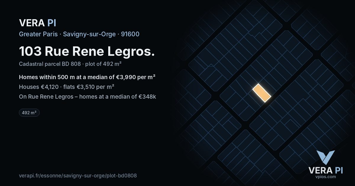 103 Rue Rene Legros, Savigny-sur-Orge at night – the plot lit, the parcels around coloured by the prices near them