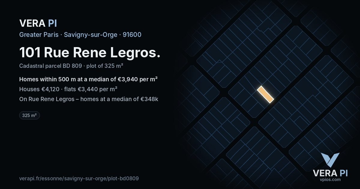 101 Rue Rene Legros, Savigny-sur-Orge at night – the plot lit, the parcels around coloured by the prices near them