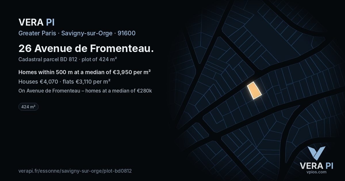 26 Avenue de Fromenteau, Savigny-sur-Orge at night – the plot lit, the parcels around coloured by the prices near them