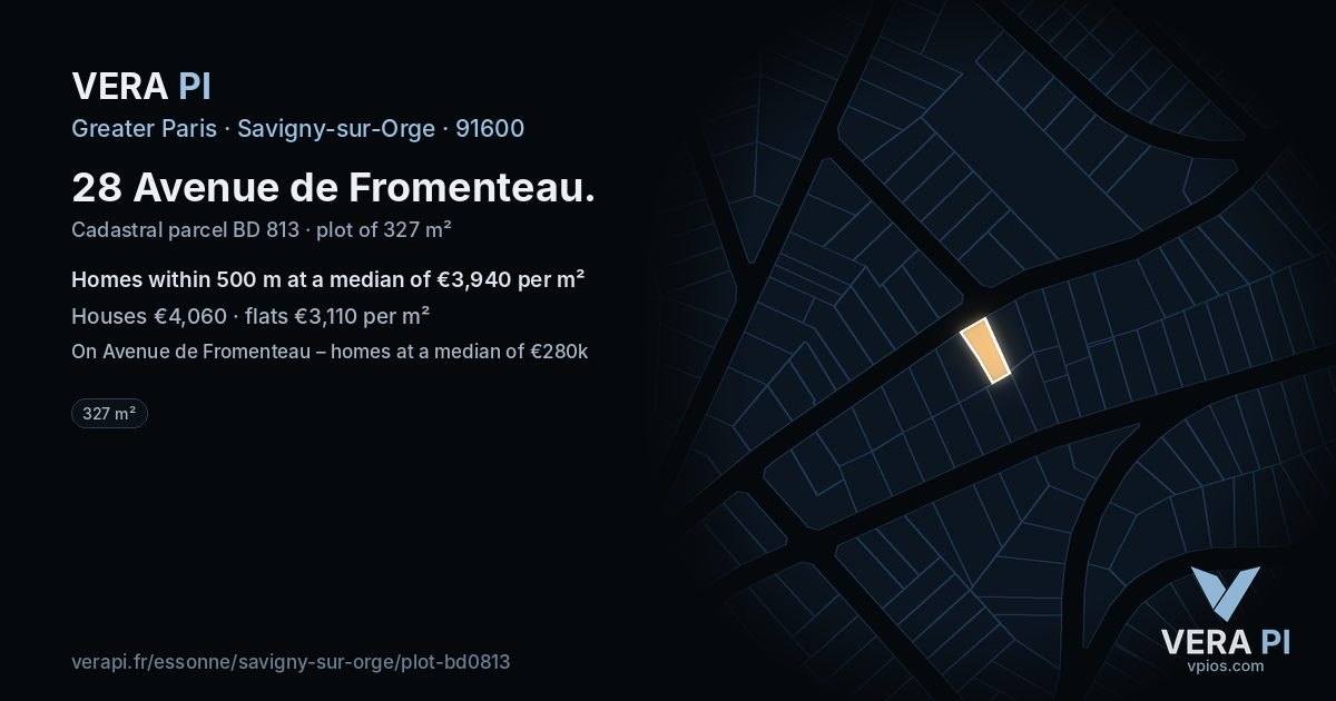 28 Avenue de Fromenteau, Savigny-sur-Orge at night – the plot lit, the parcels around coloured by the prices near them