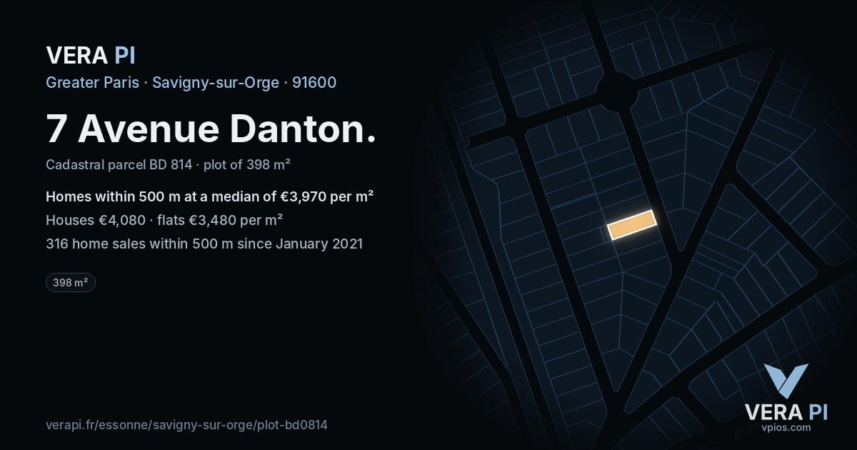 7 Avenue Danton, Savigny-sur-Orge at night – the plot lit, the parcels around coloured by the prices near them