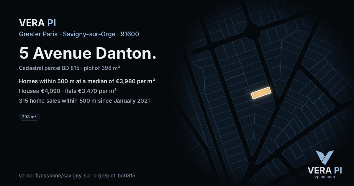 5 Avenue Danton, Savigny-sur-Orge at night – the plot lit, the parcels around coloured by the prices near them