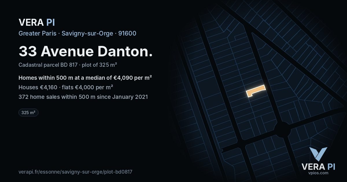 33 Avenue Danton, Savigny-sur-Orge at night – the plot lit, the parcels around coloured by the prices near them