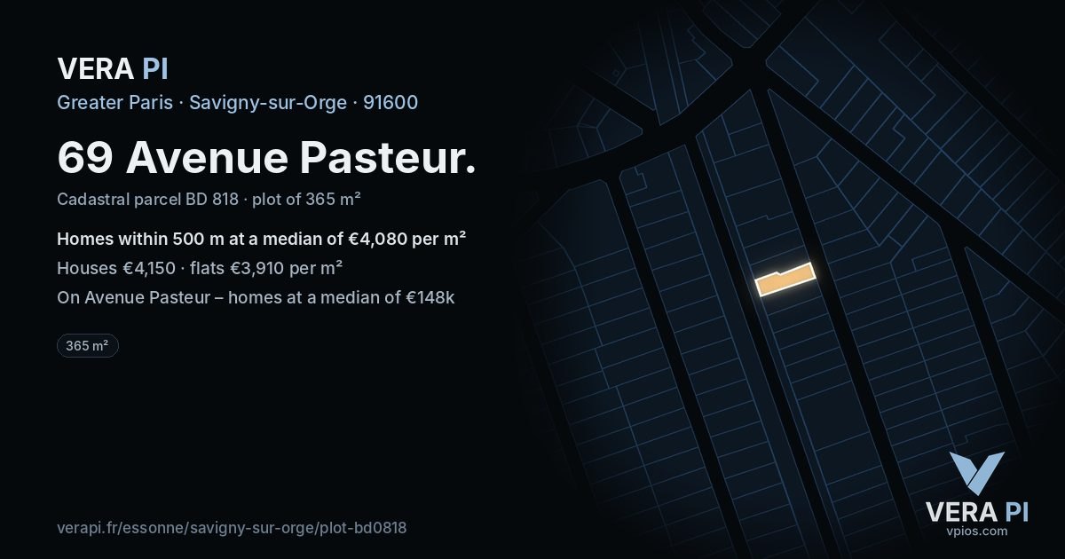 69 Avenue Pasteur, Savigny-sur-Orge at night – the plot lit, the parcels around coloured by the prices near them
