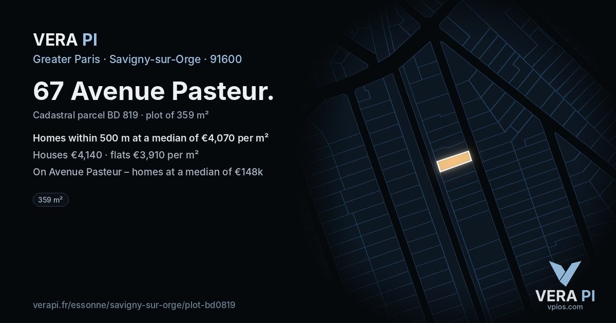 67 Avenue Pasteur, Savigny-sur-Orge at night – the plot lit, the parcels around coloured by the prices near them