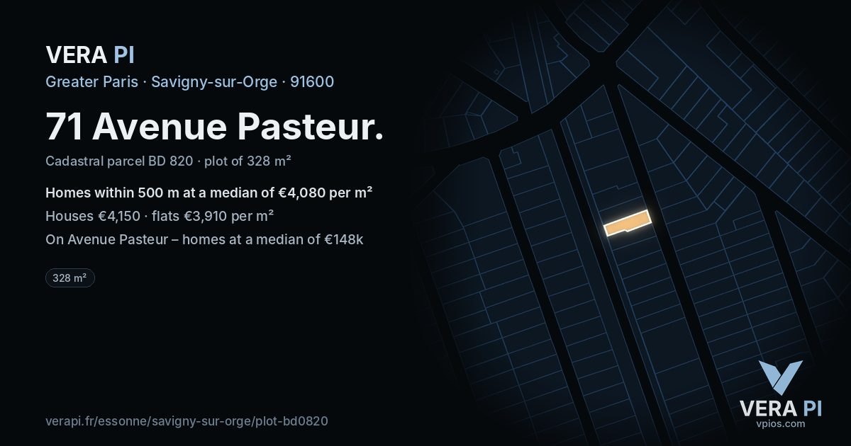 71 Avenue Pasteur, Savigny-sur-Orge at night – the plot lit, the parcels around coloured by the prices near them